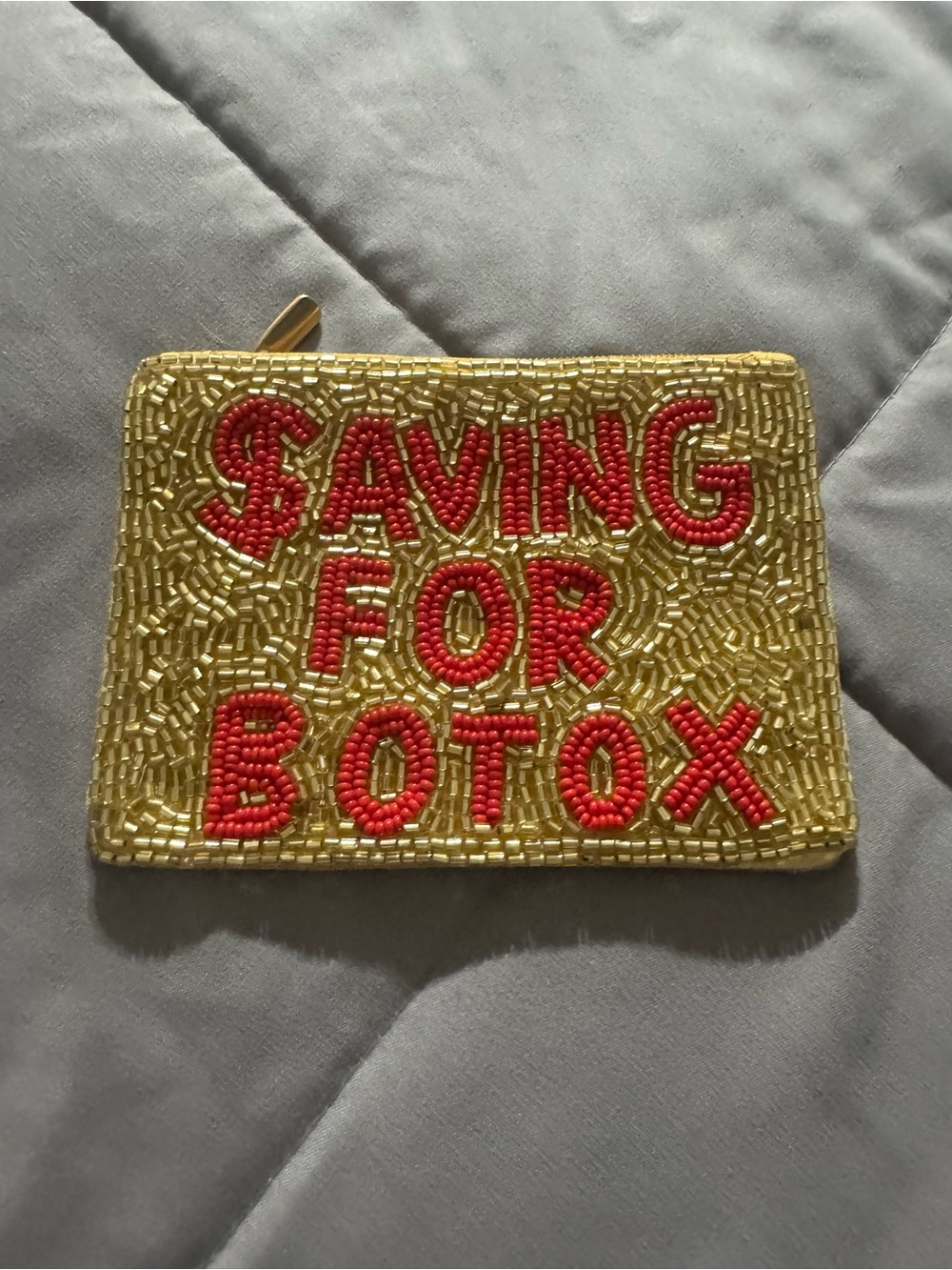 Gold Beaded Mini Coin Purse with Red Lettering